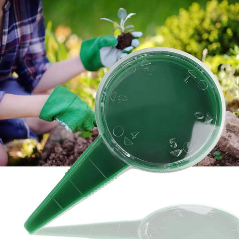Close-up of Two Pack Garden Seed Dispenser Sower Planter Dial With Five Settings For Precise Clump Free Sowing, green tool.