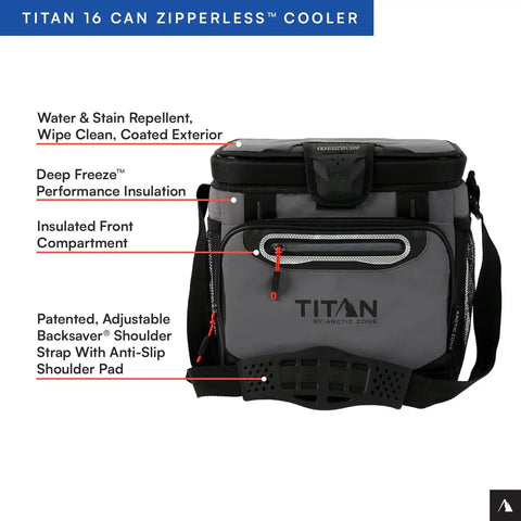 Soft Sided Cooler With Hard Body Liner And Smart Shelf Insulated Bag For Lunch And Travel, 16 Can Capacity, Sharkskin Gray Deep Freeze Insulation With Radiant Heat Barrier, Shoulder Strap Grab-And-Go Portable Cooler For Picnics And Travel, featuring Titan logo and details.