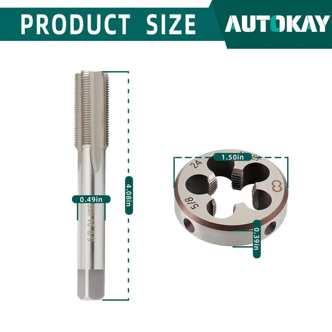 Heavy Duty HSS 5/8-24 UNEF Right Hand Thread Tap And Die Set For Metalworking dimensions shown with measurements