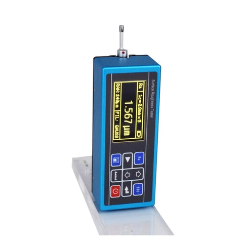 Handheld Surface Roughness Tester Profilometer displaying Ra values for aluminum and steel parts, suitable for shop diagnostics.