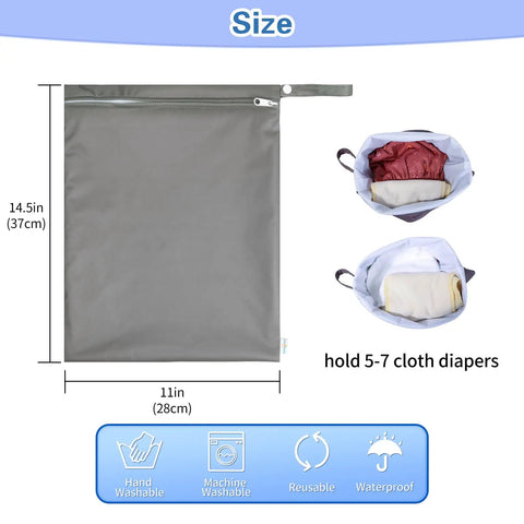 Waterproof Wet Dry Bag For Swimwear And Travel, Reusable Leakproof Organizer showing dimensions 11x14.5 inches, holds diapers