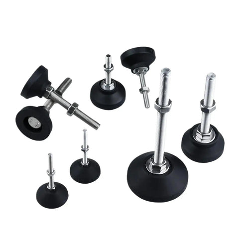 Zero Wobble Adjustable Furniture Leveling Feet Four Pack With Swivel Nylon Grip Pads And Tough Carbon Steel Core on a white background.