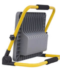 Spot Lighting Portable Rechargeable Led Flood Light 100W 200W 300W 400 with a yellow frame and gray body, adjustable stand for outdoor use.