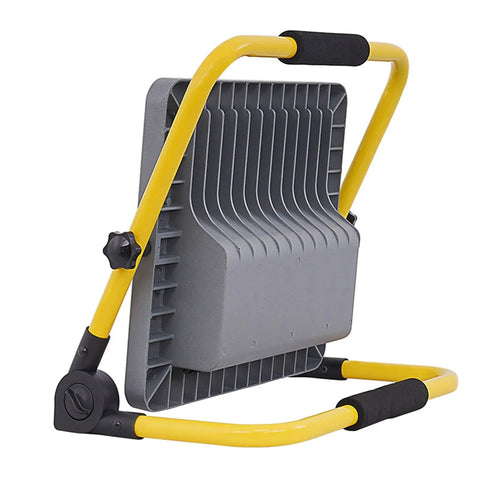 Spot Lighting Portable Rechargeable Led Flood Light 100W 200W 300W 400 with a yellow frame and gray body, adjustable stand for outdoor use.