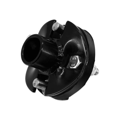Universal Steering Rag Joint Coupler Solid Billet Steel Dead On Zero Slap Flex Shaft Adapter close-up view of 3/4 30 spline fitting.