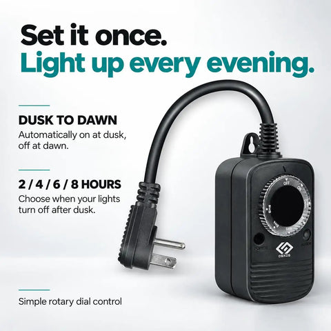 Programmable Outdoor Light Timer Featuring Automatic Dusk To Dawn Photocell Sensor and Flexible 2 4 6 8 Hour Cycles with rotary dial.