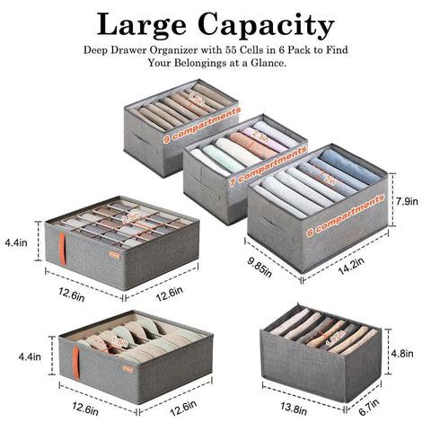 6 Piece Wardrobe Clothes Organizer Set With Support Board for Folded Clothes and Drawer Dividers with compartments shown