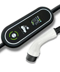 Knockout Performance 16 Amp Portable EV Charger With Type Two IEC62196 And Type One SAE J1772 Connectors Plus EU Plug Adapter IP67 Rainproof Build display showing charging status.