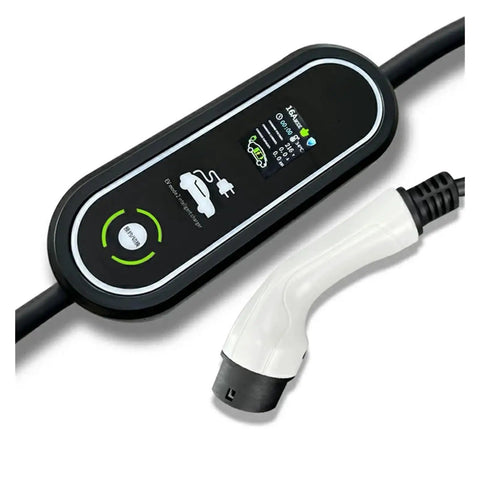 Knockout Performance 16 Amp Portable EV Charger With Type Two IEC62196 And Type One SAE J1772 Connectors Plus EU Plug Adapter IP67 Rainproof Build display showing charging status.