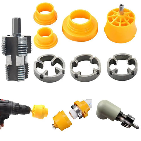 Heavy Duty Electric Pipe Threader Kit For Pvc And Metal Pipe showing replacement cutters and threading attachments for drills.