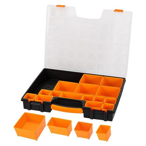 19 Removable Compartments Small Parts Organizer Box With Customizable Storage Grab-And-Go Portable Hardware Case Durable Plastic Construction Secure Locking Lid Black And Orange 16.5 By 13.2 By 2.4 Inches