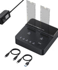 Dual Bay NVMe M.2 SSD Docking Station Offering Offline Clone Duplicator Functionality With 20Gbps USB 3.2 Interface, showing ports and cables.