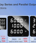 Instruction panel of Dual Channel Lab Power Supply With Variable Output For PCB Repair, Independent Channel Control, Series And Parallel Toggle, 30V 10A, OVP, OCP And Short-Circuit Protection, Built For Prototyping, Testing, And Precise Electronics Gear, showing series and parallel output options.