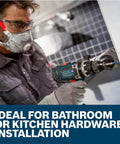 Bosch PTBX05 5-piece porcelain tile drill bit set used with a cordless drill on bathroom tile.