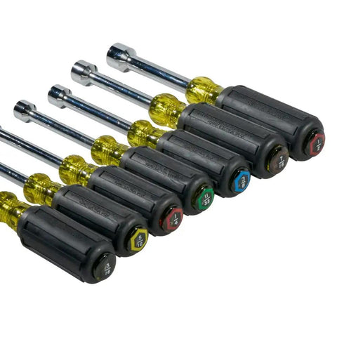 Long Reach Hollow Shaft Nut Driver Set With Cushion Grip Handles, 7-Piece, Sizes 3/16 to 1/2 Inch, Showing Tip Ident Markings