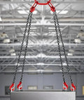 Tough As Nails G80 Manganese Steel Engine Lift Chain with red double leg grab hooks lifting bulky cargo in a warehouse.