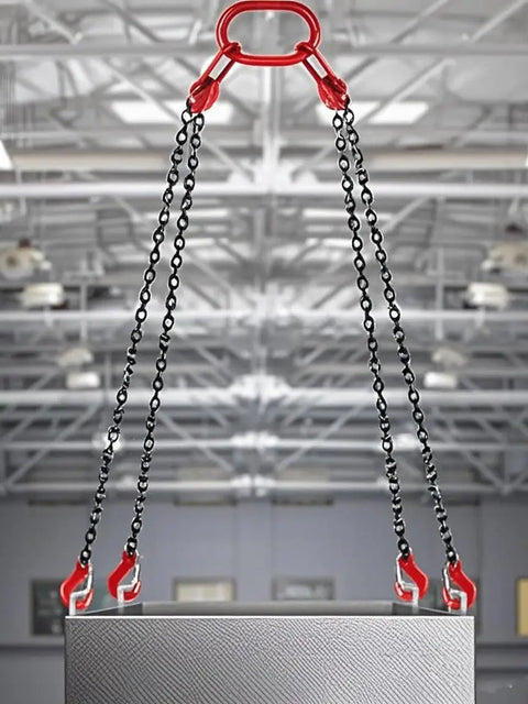 Tough As Nails G80 Manganese Steel Engine Lift Chain with red double leg grab hooks lifting bulky cargo in a warehouse.