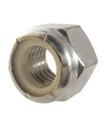 Heavy Duty 12-28 Stainless Steel Nylon Lock Nuts With Rock Solid Elastic Insert Hex Pattern For Automotive Repair And Shop Projects Featuring A Bulk 2500 Count And Tough As Nails Rust Protection close-up view showing nylon insert and threading.
