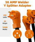 Badass 50 Amp Nema 6-50P To Dual 6-50R Welder Splitter Adapter Cord Y Plug Connector with volt and amp details.