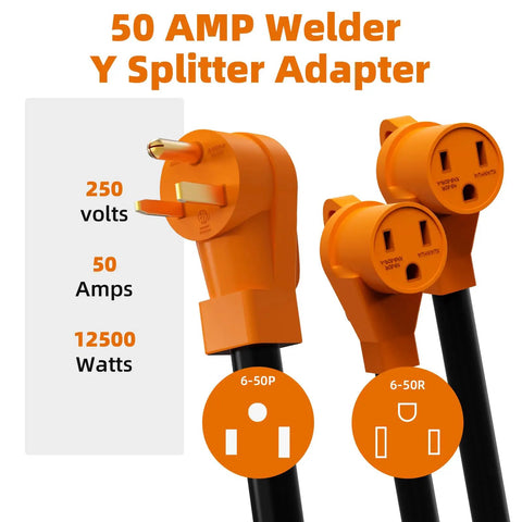 Badass 50 Amp Nema 6-50P To Dual 6-50R Welder Splitter Adapter Cord Y Plug Connector with volt and amp details.