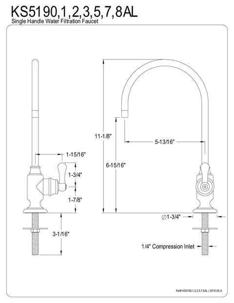Diagram of Royale Single Handle Water Filtration Faucet in Brushed Brass Finish with measurements and 1/4 Inch Compression Inlet.