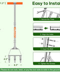 Easy installation guide for Three-Tine Manual Core Aerator Tool For Lawns with assembly steps and dimensions in bright orange.