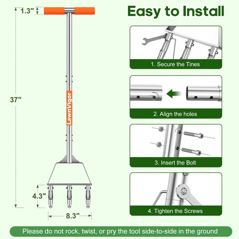 Easy installation guide for Three-Tine Manual Core Aerator Tool For Lawns with assembly steps and dimensions in bright orange.