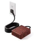 Brown Wood Grain 10 Ft Flat Plug Power Strip With Surge Protector, 8 Outlets And 4 USB Ports Including 2 USB C And 2 USB A