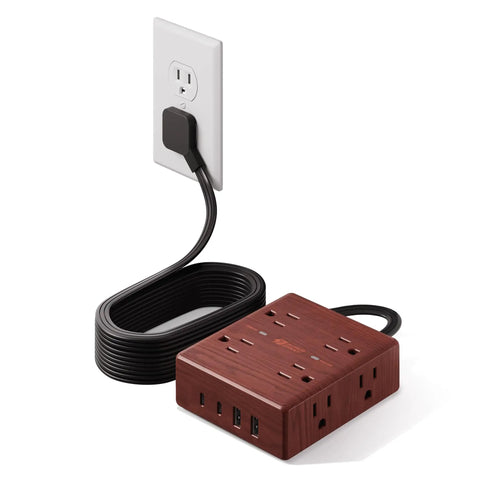 Brown Wood Grain 10 Ft Flat Plug Power Strip With Surge Protector, 8 Outlets And 4 USB Ports Including 2 USB C And 2 USB A