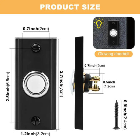 Glow Up Metal Doorbell Button With LED Light Up Night Visibility Wall Mounted Door Bell Switch Replacement For Home And Garage Doors Two Point Seven Inch Black Finish dimensions and parts display
