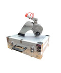 Heavy Duty Hydraulic Torque Wrench With Square Drive Electric Pump Built Like Iron Using Lightweight Alloy Steel And Featuring A Smooth 360 Degree Swivel Head For Zero Drama Bolt Work on aluminum carrying case.