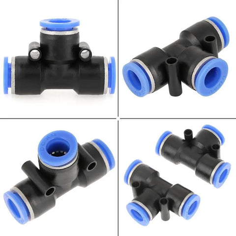 10 Pack Push To Connect Pneumatic Fittings 10mm 3 eighth inch, black and blue plug-and-play quick connectors for air lines.