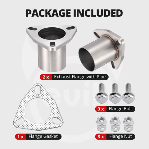 Beefy 3 Bolt Exhaust Flange Repair Kit With 304 Stainless Steel Pipes Gaskets And Hardware for 2.25 Inch vehicles package contents