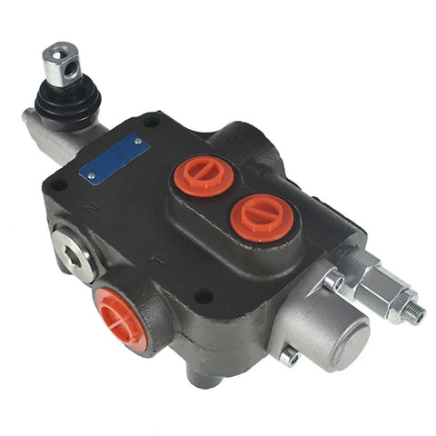 Angled front view of All-Carb hydraulic valve, 1-spool directional control, black cast body with orange port plugs and SAE fittings
