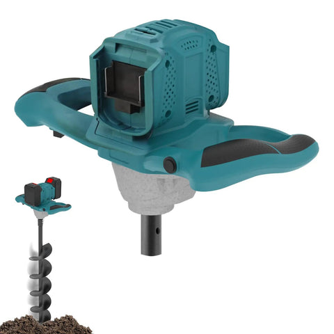 Cordless Post Hole Digger For 18V Battery Systems with auger attachment, shown in teal with black grips, designed for soil drilling.