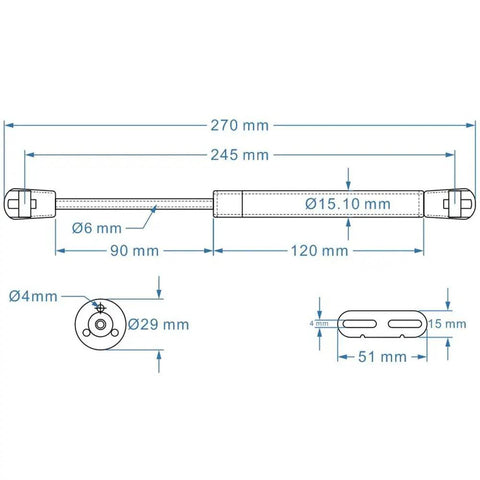 Dimension diagram of Two Pack 18 Lb Heavy Duty Hydraulic Gas Strut Lift Supports For Cabinets And Kitchen Cabinet Doors 80 N Load