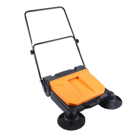 Aupitolt 26 Inch Walk Behind Floor Sweeper With Triple Nylon Brushes And Large Waste Container. Easy Push Manual Janitor Squeegee For Indoor Outdoor Garage Shed Factory Hardwood Tile Cleanin