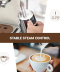 Straight Up Solid Espresso Machine For Home With 20 Bar Pressure Pump And Built In Milk Frother Steam Wand, milk frothing in progress.