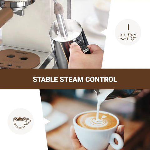 Straight Up Solid Espresso Machine For Home With 20 Bar Pressure Pump And Built In Milk Frother Steam Wand, milk frothing in progress.