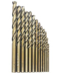 Front view of 13-piece metric cobalt drill bit set (1.5-6.5 mm), M35 HSS, gold-coated, straight shank