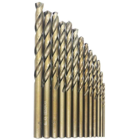 Front view of 13-piece metric cobalt drill bit set (1.5-6.5 mm), M35 HSS, gold-coated, straight shank