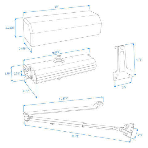 Diagram of 9000 Series Grade 1 Beefy Door Closer Multi Mount with dimensions and parts detailed, ADA compliant, UL listed.