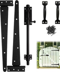 Heavy Duty Wood Fence Gate Hardware Kit With 2 T Strap Hinges, Sliding Gate Latch, 2 Gate Handles, Black Finish, Built To Last, Rust Resistant And Weatherproof, 16 Inch Outdoor Gate Set For Yard Barn Shed, with screws