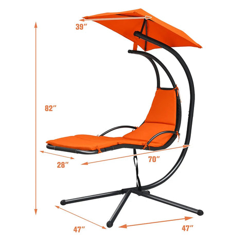 Orange Outdoor Hanging Chaise Lounge Chair For Patio With Removable Canopy Cushions And Anti Toppling Rope Arc Hammock