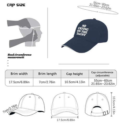 No Crying On The Yacht Baseball Hat For Dad Navy, Adjustable Strap Cap With Clean Fit, size chart and dimensions shown