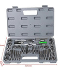Premium 40-Piece Tap Die Set With Hardened HSS Taps And Round Dies, Complete Socket Hand Threading Kit Perfect For DIY Home Garage Repair Projects And Pro Auto Maintenance Work All Organized In Tough Case. Open metric tap and die set in gray case, M3-M12, steel
