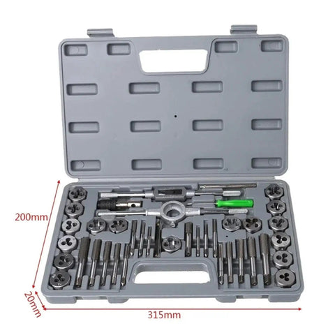 Premium 40-Piece Tap Die Set With Hardened HSS Taps And Round Dies, Complete Socket Hand Threading Kit Perfect For DIY Home Garage Repair Projects And Pro Auto Maintenance Work All Organized In Tough Case. Open metric tap and die set in gray case, M3-M12, steel