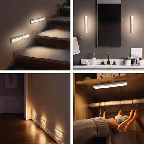 2 Pack LED Motion Sensor Light Bars 10 Inch White Easy Magnetic Install No Wiring 3 Color Modes on stairs and cabinets