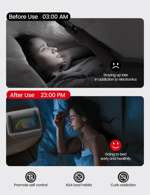 Comparison of screen habits before and after using Metal Phone Lock Box With Timed Lock Up To 365 Days No Override LED Display Kid Proof Lock.