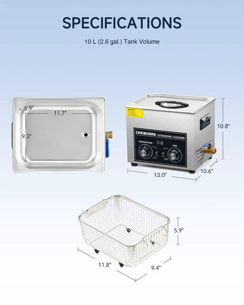 Kick Ass Heavy Duty 2 6 Gallon Ultrasonic Parts Washer With 240 Watt Heating and Manual Knob Controls specifications and dimensions.